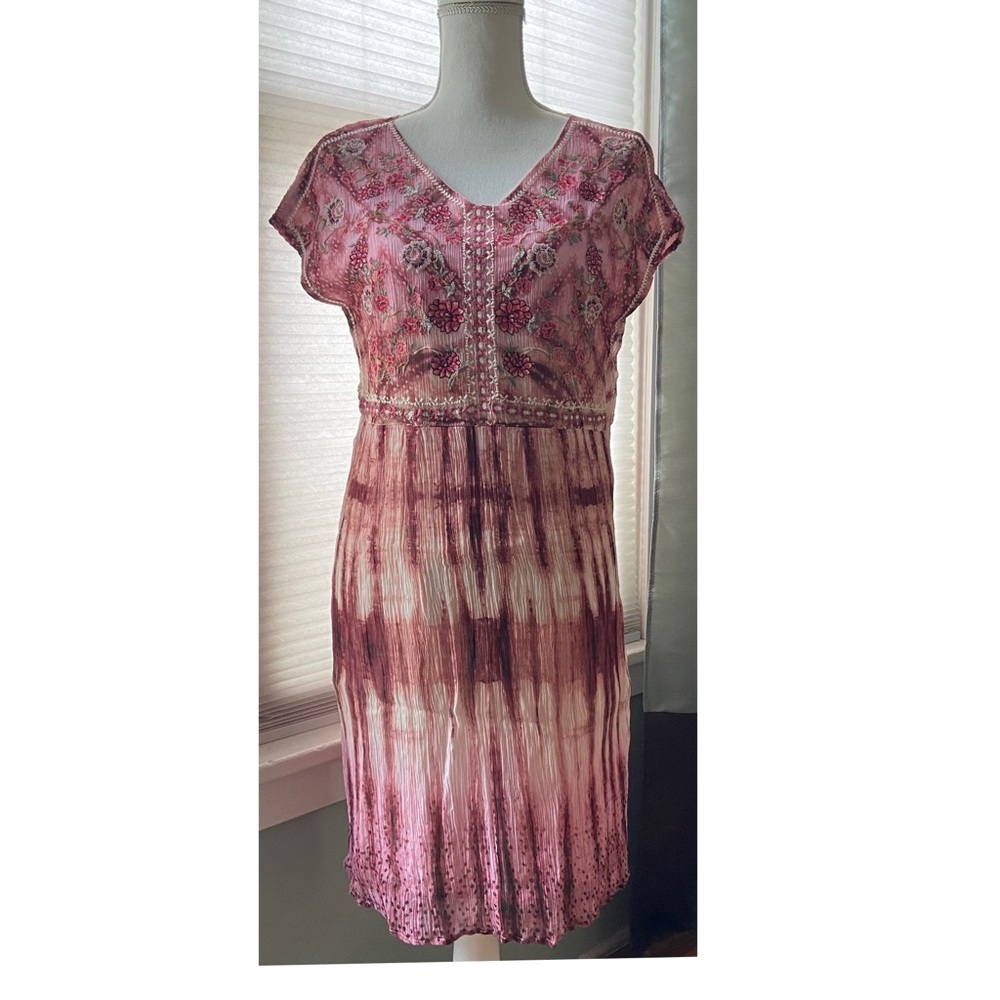 Sundance Gemi Pink Multi Tie Dye Floral Embroidered Dress Cupro Chiffon Size S - Picture 1 of 15